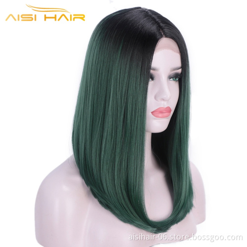 Aisi Hair Wholesale Middle Part Straight Bob Cosplay Mix Colors Black Green Lace Front For Black Woman Wig Hair Extensions